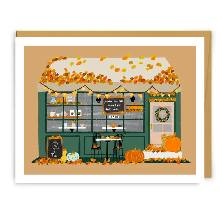 Illustrated Autumn Coffee Shop Thanksgiving Greeting Card image 0