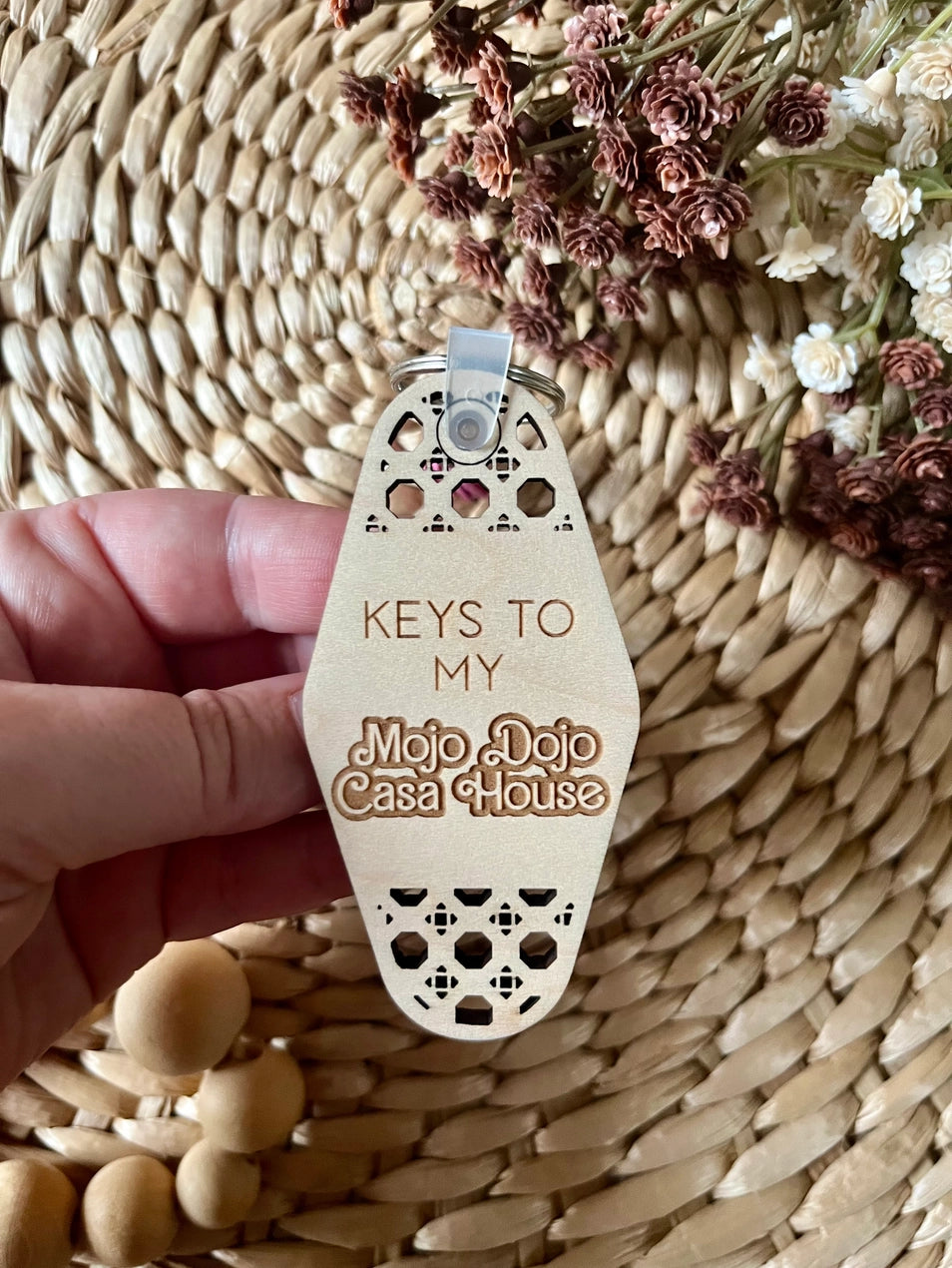 Mojo Dojo Casa House Funny Wooden Rattan Keychain image 0